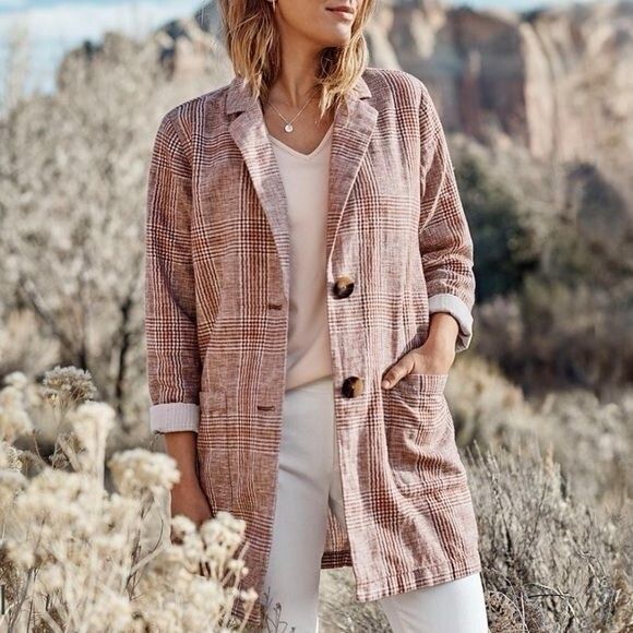 J. Jill Blazer Jacket Linen Blend Women's Harper Henna Plaid Oversized Petite L - Picture 1 of 14